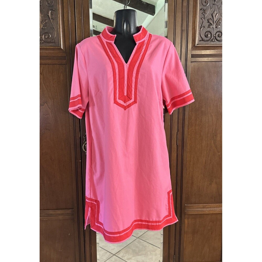 She & sky Women’s 100% Linen Tunic Shift Dress Pink With Red Trim Pockets Size M